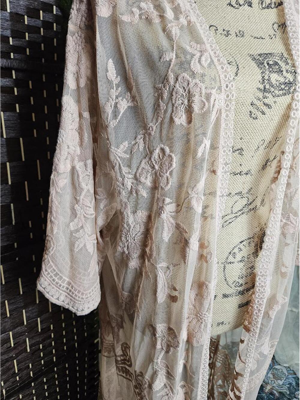 Blush Lace Kimono Duster Floral Embroidered Sheer Boho Layering Piece - Picture 2 of 4